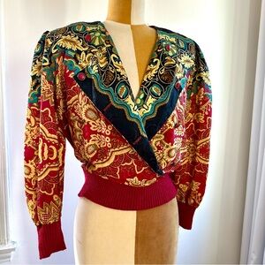 Vintage 80s/90s Satin & Knit Collared Sweater with Shoulder Pads